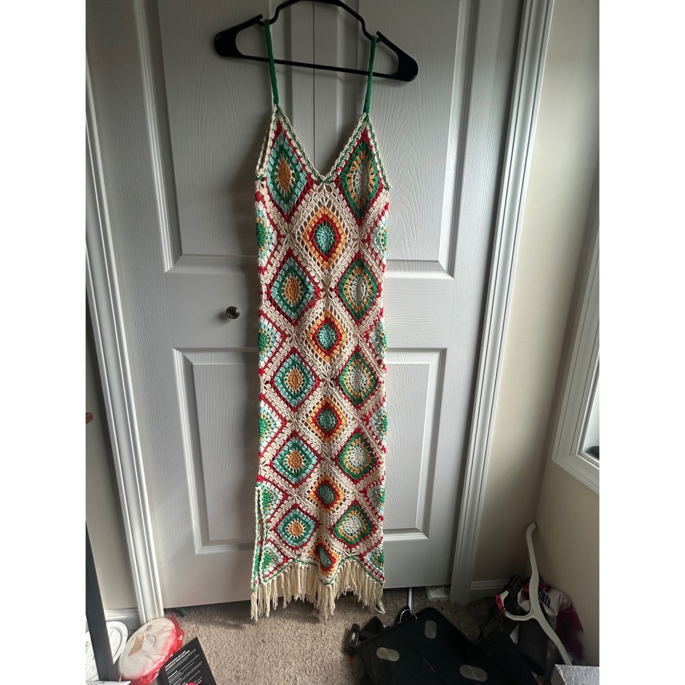 Elan Crochet Granny Square Maxi Dress Multi Color Boho Fringe CA5915 Medium